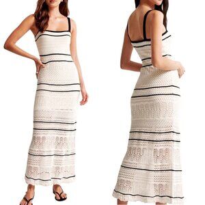 A&F - Women’s Crochet Style Maxi Dress, Striped in Cream - White, Medium PETITE
